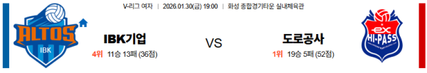 IBK기업은행 대 한국도로공사 V리그(여) 01월30일 맞대결 생중계, 스포츠중계, 스포츠분석