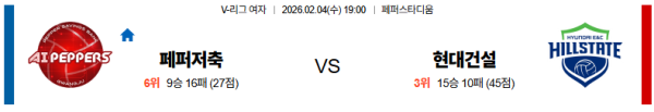 페퍼저축은행 대 현대건설 V리그(여) 02월04일 맞대결 생중계, 스포츠중계, 스포츠분석