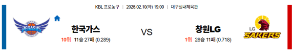 대구가스공사 대 창원LG KBL 02월10일 맞대결 생중계, 스포츠중계, 스포츠분석