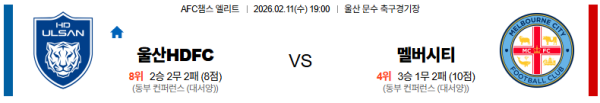 울산HD 대 멜버른시티 AFC챔피언스리그 02월11일 맞대결 생중계, 스포츠중계, 스포츠분석