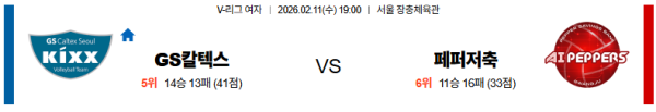GS칼텍스 대 페퍼저축은행 V리그(여) 02월11일 맞대결 생중계, 스포츠중계, 스포츠분석