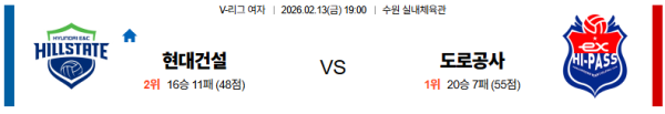 현대건설 대 한국도로공사 V리그(여) 02월13일 맞대결 생중계, 스포츠중계, 스포츠분석