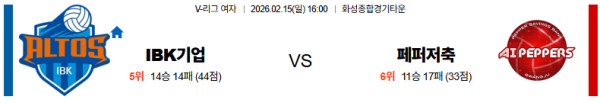 IBK기업은행 대 페퍼저축은행 V리그(여) 02월15일 맞대결 생중계, 스포츠중계, 스포츠분석