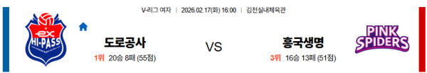 한국도로공사 대 흥국생명 V리그(여) 02월17일 맞대결 생중계, 스포츠중계, 스포츠분석