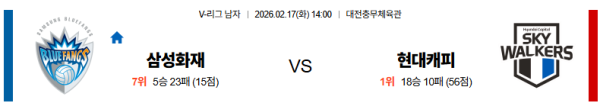 삼성화재 대 현대캐피탈 V리그 02월17일 맞대결 생중계, 스포츠중계, 스포츠분석