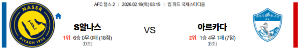 알나스르 대 아르카닥 AFC챔피언스리그2 02월19일 맞대결 생중계, 스포츠중계, 스포츠분석