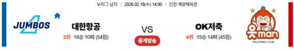 대한항공 대 OK저축은행 V리그 02월18일 맞대결 생중계, 스포츠중계, 스포츠분석