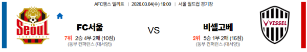 서울FC 대 비셀고베 AFC챔피언스리그 03월03일 맞대결 생중계, 스포츠중계, 스포츠분석