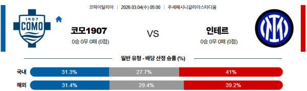 코모 대 인터밀란 코파이탈리아 03월04일 맞대결 생중계, 스포츠중계, 스포츠분석