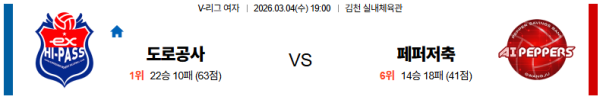 한국도로공사 대 페퍼저축은행 V리그(여) 03월04일 맞대결 생중계, 스포츠중계, 스포츠분석