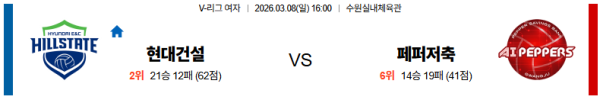 현대건설 대 페퍼저축은행 V리그(여) 03월08일 맞대결 생중계, 스포츠중계, 스포츠분석