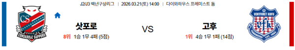 삿포로 대 고후 J리그2 03월21일 맞대결 생중계, 스포츠중계, 스포츠분석